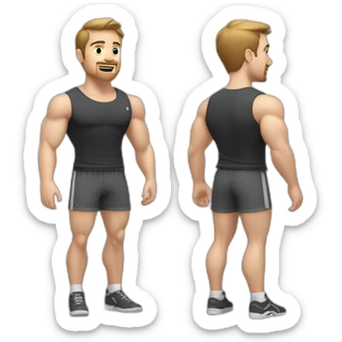 Full height Actively gesturing with hands Pale skinned Fit Man With the biceps and brown hair in dark gray Sleeveless Mike, black oversize sports shorts, watch and white Sneakers sticker