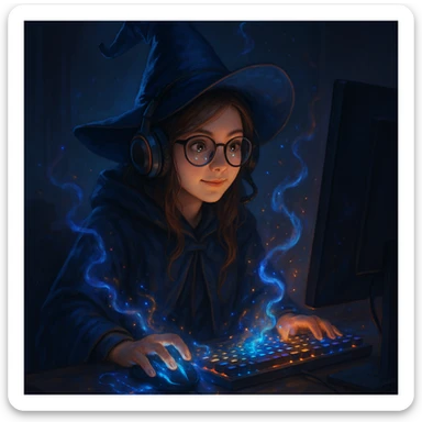 a girl dressed as a wizard, sitting in front of a computer with glowing magical effects, wearing a wizard robe and gamer accessories sticker
