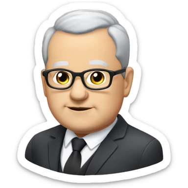Chubby man of about 60 years of age with a bald shin. Small round glasses and dark eyes. Grey hair and a double chin. Chubby pointed nose. He wears a black suit with waistcoat, jacket and tie. sticker