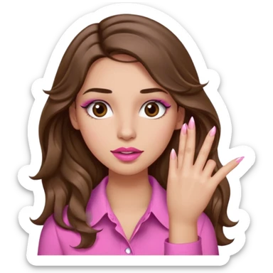 girl with long wavy brown hair, brown eyes, light to medium complexion, in a pink shirt, pink lips, long lashes, puckered lips,  showing  long finger nails sticker