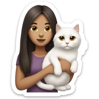 Dark brown straight hair girl with twoholding fluffy Siberian white cat  sticker