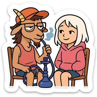 goat for Telegram stickers inspired by reference https://attic.sh/feoducyurkpqwz0la088soao98sx: wearing a cap, glasses, mullet hairstyle, pink drunkard tank top, sitting on a chair, smoking hooka with a girl. girl with white hair and pink hoodie https://i.ytimg.com/vi/x9PRt8xgy7Y/hqdefault.jpg . transparent background  sticker
