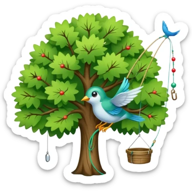 A small bird hooked to fishing line dangling from a tree sticker