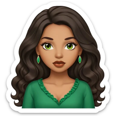 light brown skin tone, very beautiful woman, with big plump lips, long long lashes, black long wavy hair, middle hair parting, brown eyes, green dress sticker