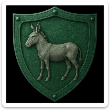 Transform the shield to an emerald color and replace the golden bird with a detailed donkey in a similar heraldic pose, keeping the ornate style and metallic look. The style should maintain the ornate and metallic heraldic appearance as in the original image. sticker