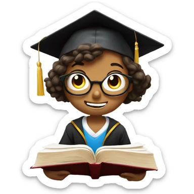 young graduated person opening a book and looking at it, surprised and amazed, light goes out of the book sticker