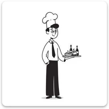 Chef in business attire with chef hat, confidently selling food products sticker