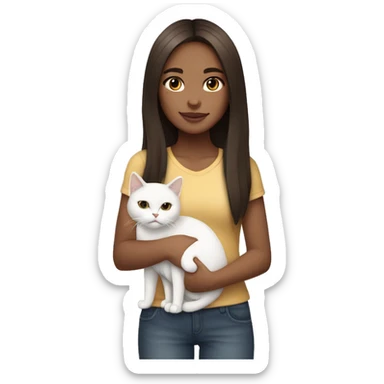 Light skin, Dark brown straight hair girl holding fluffy white cat  sticker