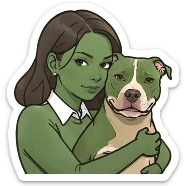 White brunette woman hugging one beige pitbull sticker