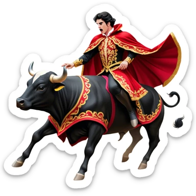 ​Cinematic Realistic Spanish Matador in Action, depicted in an ornate traje de luces with a flowing red cape, captured in the dramatic moment of confronting a charging bull in a traditional bullring, rendered with dynamic motion and dramatic lighting that encapsulates the intensity and artistry of the spectacle, sticker