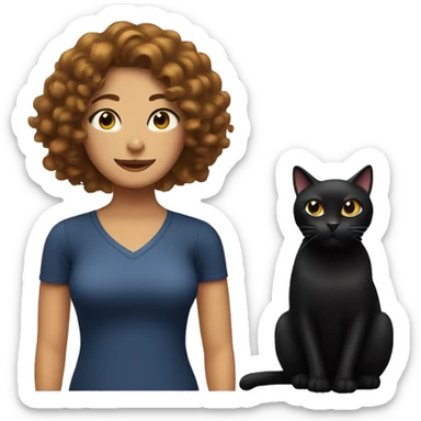 black cat with a woman with curly hair behind her sticker