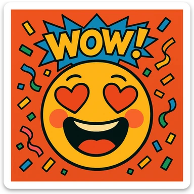 Add confetti and a comic-style 'WOW!' text to the vibrant toon face with heart eyes, eyes closed, big open-mouthed laugh, blushing. sticker