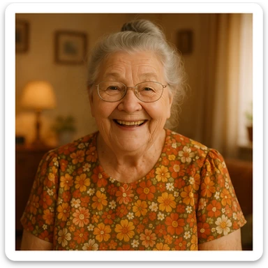 grandma with gray hair in a bun, floral dress, cheerful expression sticker