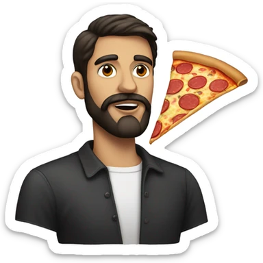 dark hair bearded man with lipstick and pizza sticker
