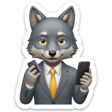 wolf in business attire with worried expression and phone, emoji style sticker