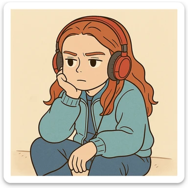 Max Mayfield from Stranger Things with iconic look: sitting listening to music with red headphones, blue jacket, pensive expression, simple line art, light pastel tones, thick outlines, Ghibli style, square 1:1 format. sticker