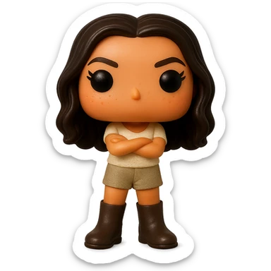 Enhance the image quality with smooth golden peach skin and a healthy glow, dark hair with subtle auburn highlights, dark greige leather boots, textured clothing (cream top, greige bottom), arms crossed, rosy cheekbones, very subtle freckles, no neck visible, eyebrows with a mischievous and playful expression, no mouth, transparent background. Maintain the original style and details from the reference image. sticker