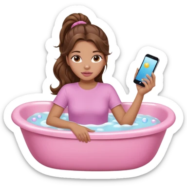 girl with wavy long ponytail brown hair, brown eyes, light to medium complexion, long lashes, light pink lipstick, wearing light pink shirt, lying full body in a bathtub with bubbles sticker