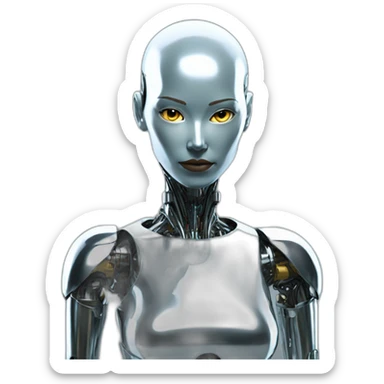 Create a bald female robot in chrome metal color in a futuristic environment sticker