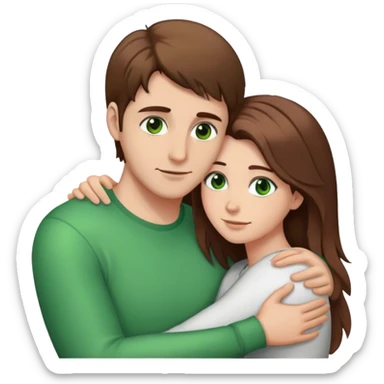 white couple with brown hair, man has short hair and brown eyes. woman has long hair and green eyes .they’re hugging each other  sticker
