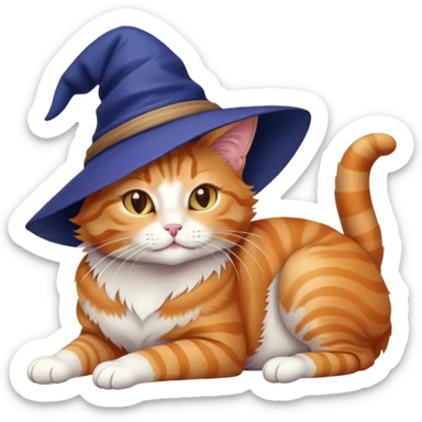 full body ginger tabby cat flopped over on her side wearing an indigo witch hat sticker