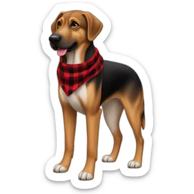 adult 75% Coonhound 25% German Shepherd mix dog with visible tail wearing small pointed red buffalo plaid bandana full body side view sticker
