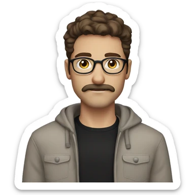 Guy, brown hair, moustache and stubble, blue eyes, round glasses, wearing a black jumper sticker