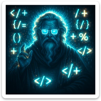 Add glowing effects around the character 'code geek master god', especially highlighting the code symbols and glasses, while maintaining a digital and powerful vibe. Enhance the image with luminous, radiant glows that emphasize the tech and mastery theme, keeping the overall digital aesthetic intact. sticker