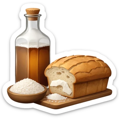 a bottle of salt (salt cellar) and a loaf of peasant bread - still life composition sticker
