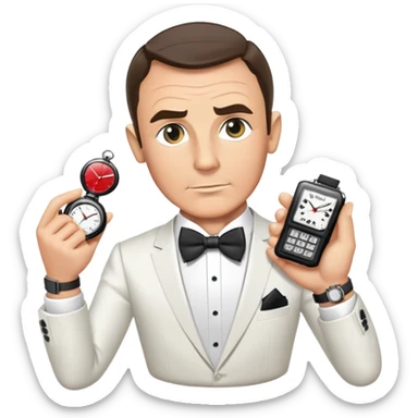 James Bond with spy gadget watch and bow tie sticker