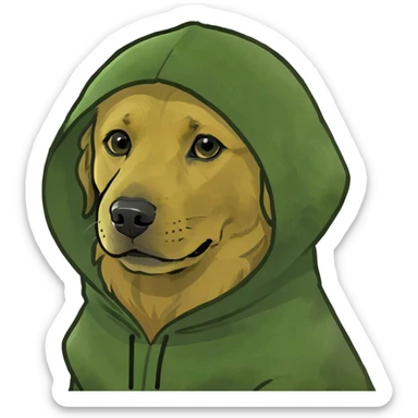 A golden retriever wearing in a hood sticker