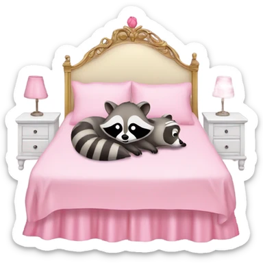 princess style bed with sleeping cute racoon wearing pink bow on head in it sticker