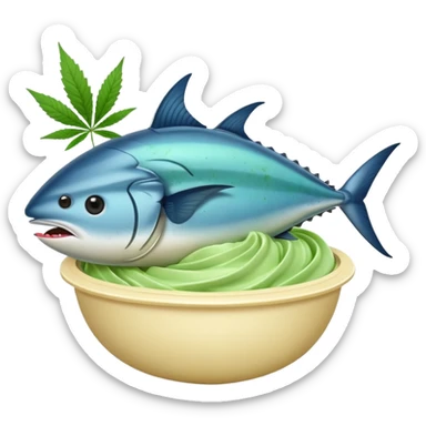 bluefin tuna in a gelato with cannabis leaf sticker