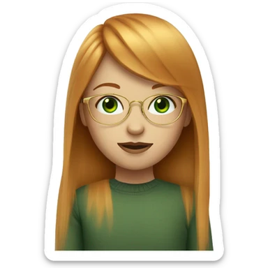 Ginger girl with straight hair, bangs, gold wire rim glasses and green eyes sticker