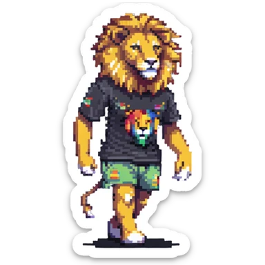 retro 1950s anthropomorphised lion in a t-shirt and shorts, walking sticker