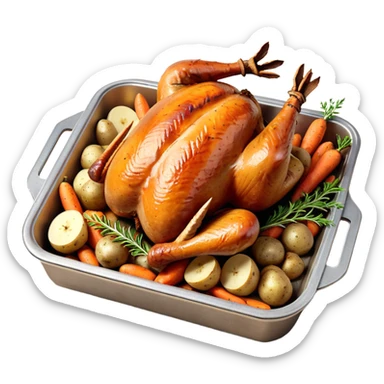 roasted turkey in a baking tray, golden brown crispy skin, whole turkey surrounded by vegetables, oven-baked meal presentation, juicy texture, warm food lighting, 3D cartoon style, mobile game icon style, centered composition, clean background, no text, no watermark
 sticker