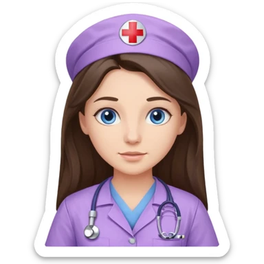 pretty brunette nurse with long hair and blue eyes in lilac scrubs sticker
