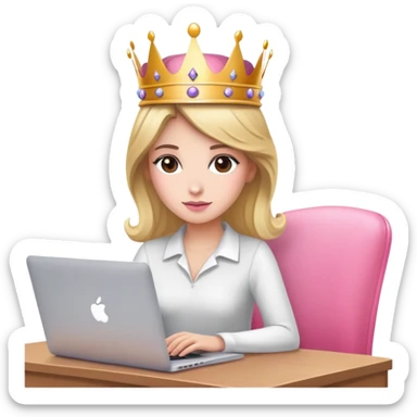 Attractive woman with crown on her head sat at the desk with MacBook and pink chair  sticker