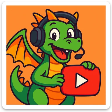 cartoon dragon holding a play button symbol, wearing a headset, cheerful expression, representing a YouTuber persona, vibrant toon style sticker