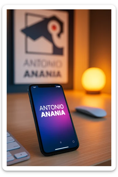 A photo of an iPhone on the desk with the message "Antonio Anania" on its screen, The phone sits atop a desk with a blurred with the logo in the background that suggests work environment. A faint glow from above casts gentle shadows across the surface of each object, creating depth and highlighting their textures sticker