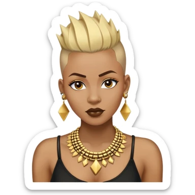 An african woman with shaved sides and blode tip and black root mohawk  and with gold earrings and necklace sticker