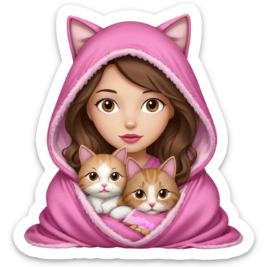 girl with long wavy brown hair, brown eyes, long lashes makeup, sexy pink lips, light to medium complexion, wearing a pink sexy silk top, big blanket over the head cozy holding a cat, no cat earn on the hood sticker
