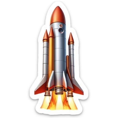 Cinematic Realistic Rocket Launch – A powerful, fiery scene of a massive rocket lifting off, its engines producing a bright, billowing inferno. The metallic body gleams in the sunlight, with intricate paneling and realistic textures bringing out its engineering marvel. Thick clouds of smoke and steam rise as it ascends into the sky. sticker