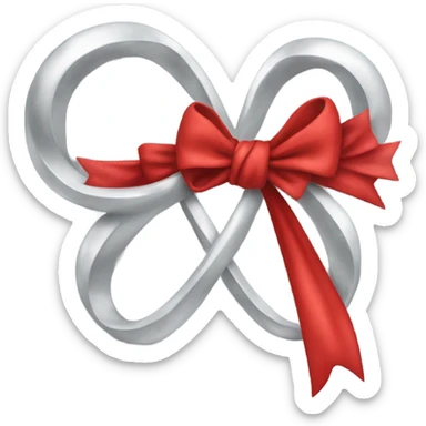"A vibrant red bow with a silver hollow heart at the base of the bow's knot. The bow should have an intense red color, and the silver heart should be positioned at the center of the knot." sticker