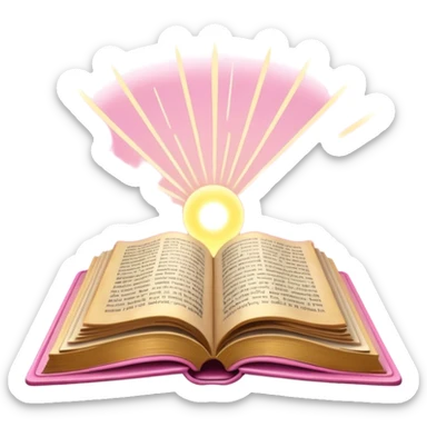 An open pink book with glowing light rays emerging from its pages, magical atmosphere, sticker