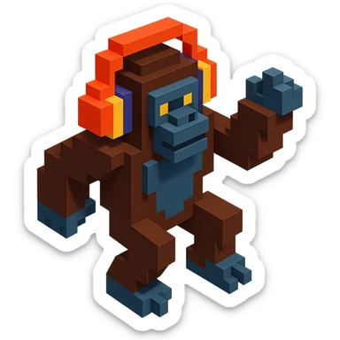 gorilla with headphones dancing, isometric view, voxel style sticker