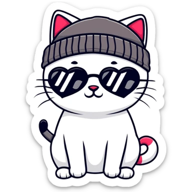 cat wearing a beanie and heart-shaped sunglasses sticker