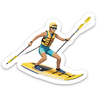 A humanless icon showing a pair of water skis skimming across the surface of a lake, with a skier in motion. The design includes a wake behind the skier, splashing water, and the sun reflecting on the water. Transparent background highlights the speed and thrill of water skiing. sticker