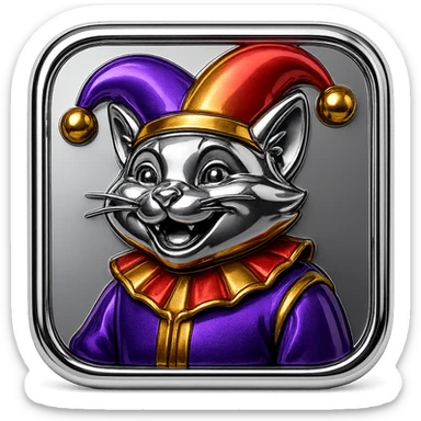 crazy colorful cute little cat jolly joker from poker, medieval, vintage, court jester, mac os icon, purple, gold and red color, half body. Squared shape as 3D mac os icon sticker