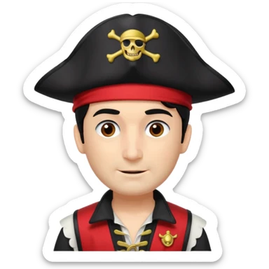 Captain Feathersword of The Wiggles with light skin, brown eyes, black hair, black pirate hat, white pirate shirt with red vest, one eye patch sticker